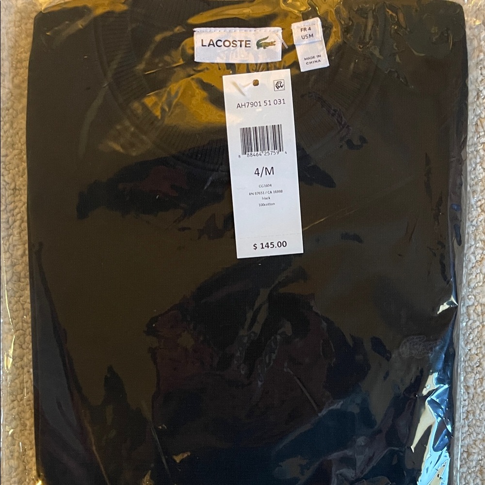 Lacoste black sweater, brand new with tags, size M, never worn, 100% cotton